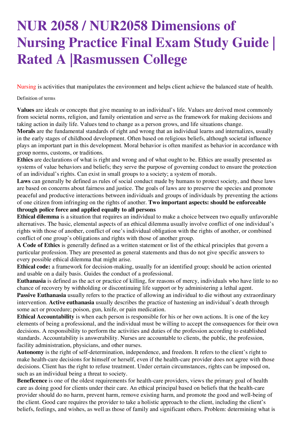 Preview of NUR 2058 / NUR2058 Dimensions of Nursing Practice Final Exam Study Guide | Rated A |Rasmus